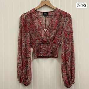 Revolve brand Bardot Red and Black Pattered Sheer Blouse